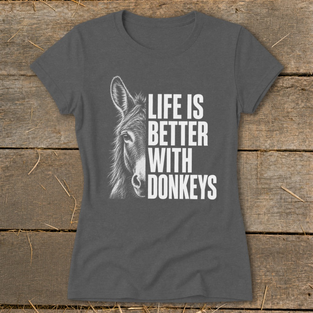 Charcoal t-shirt with donkey illustration and text "Life is Better With Donkeys".