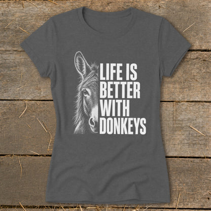 Charcoal t-shirt with donkey illustration and text "Life is Better With Donkeys".