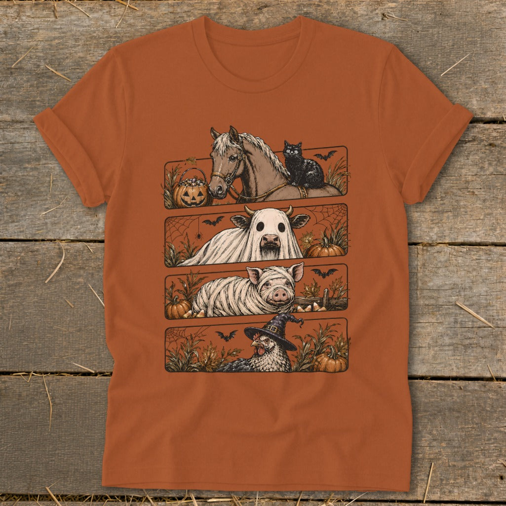Halloween farm animals: horse, ghost cow, mummy pig, witch chicken.