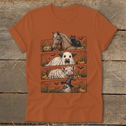 Halloween farm animals: horse, ghost cow, mummy pig, witch chicken.