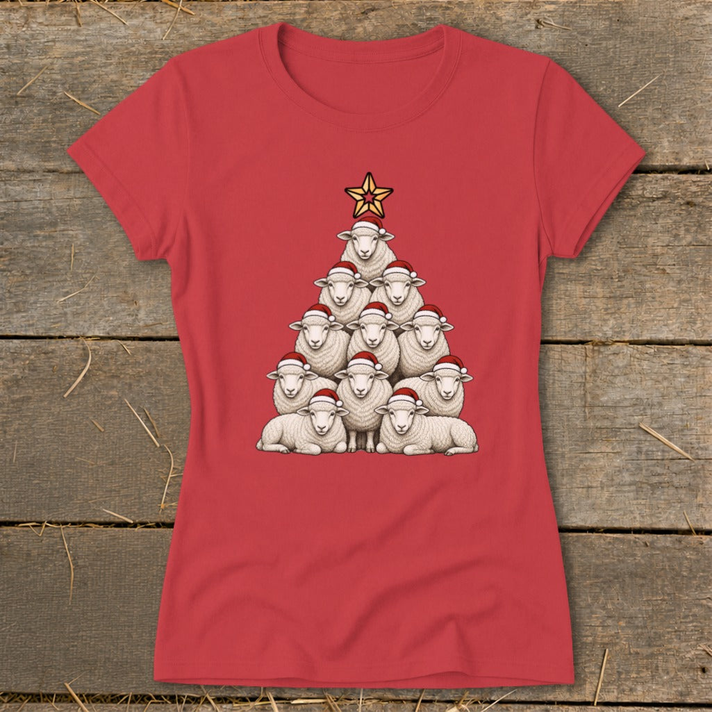 Red t-shirt with sheep arranged as a Christmas tree, wearing Santa hats.