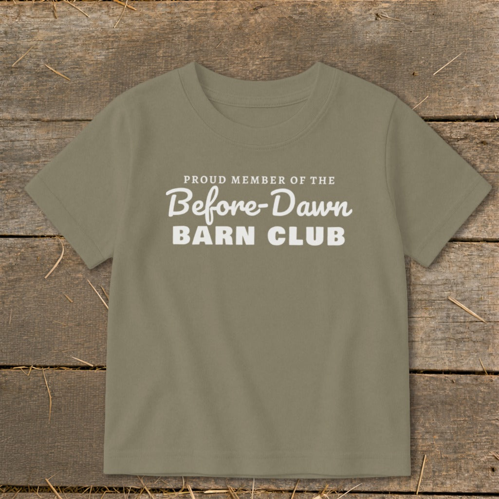 Olive green t-shirt with white text reading "Proud member of the Before-Dawn Barn Club".