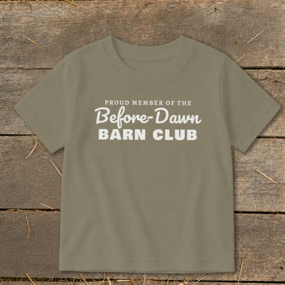Olive green t-shirt with white text reading "Proud member of the Before-Dawn Barn Club".