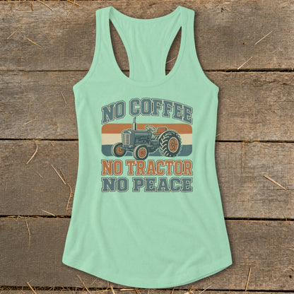 Mint green tank top with "No Coffee No Tractor No Peace" text and tractor graphic.