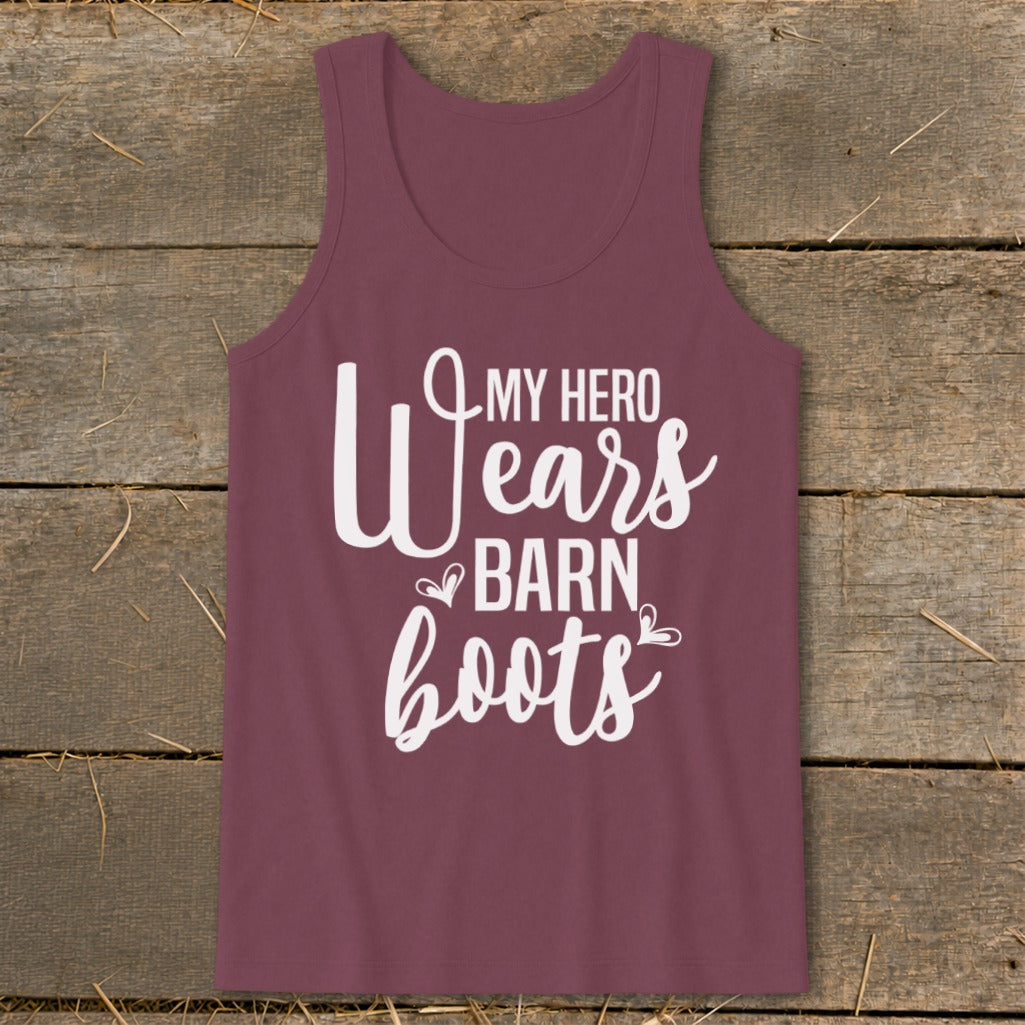 Burgundy tank top with white text "My Hero Wears Barn Boots."
