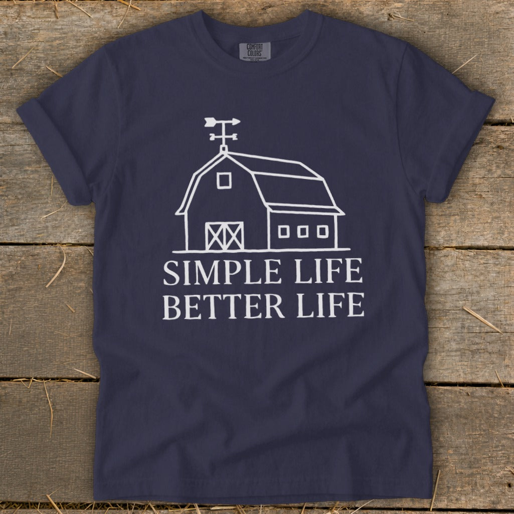 Navy t-shirt with white barn graphic and text "Simple Life Better Life."