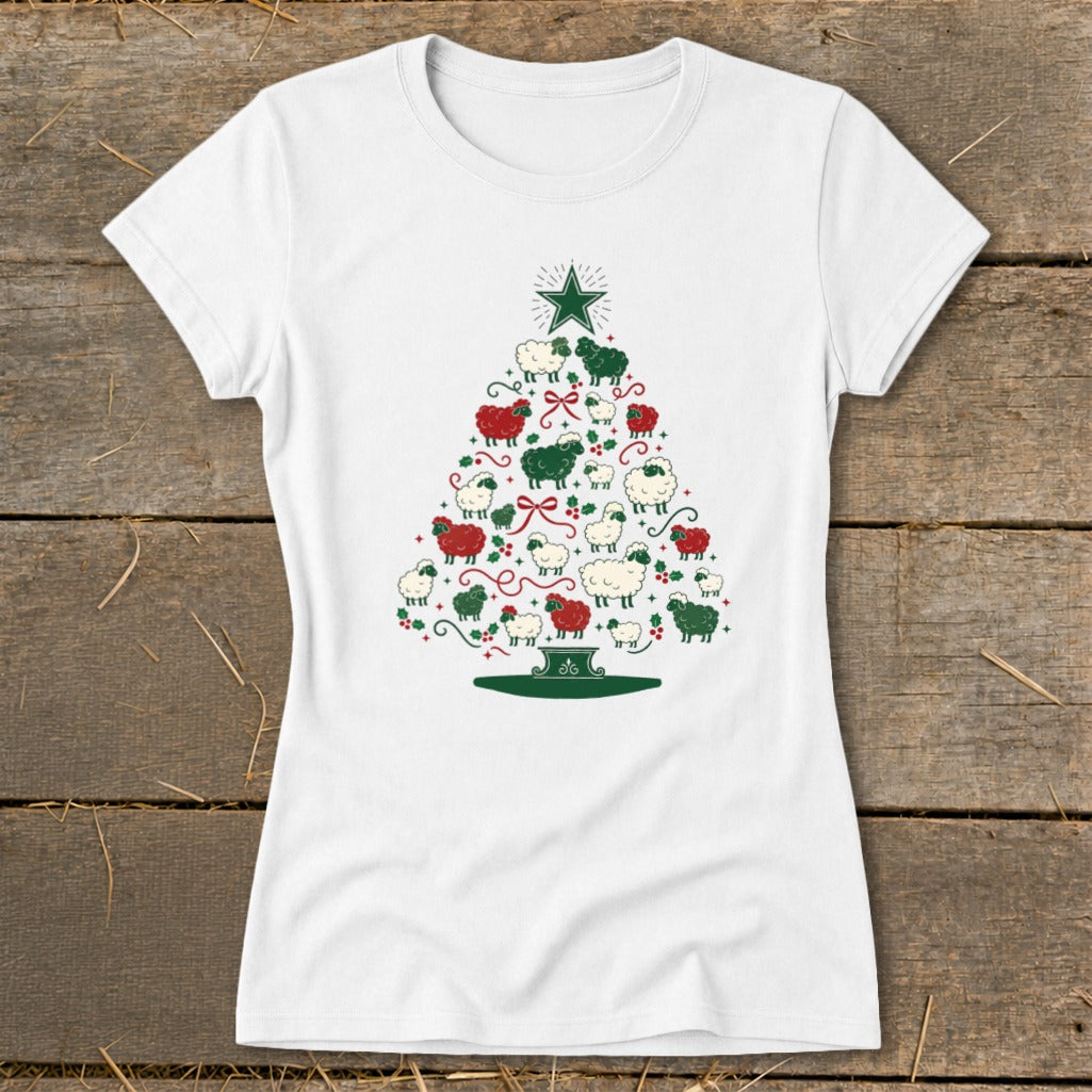 White t-shirt with Christmas tree design made of red, green, and white sheep.