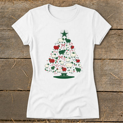 White t-shirt with Christmas tree design made of red, green, and white sheep.