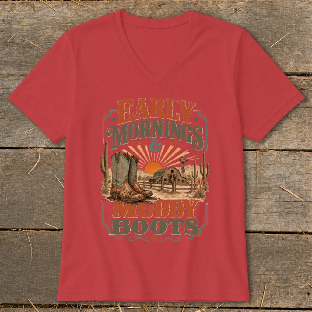 Red t-shirt with "Early Mornings & Muddy Boots" text, boots, barn, and cacti graphic.