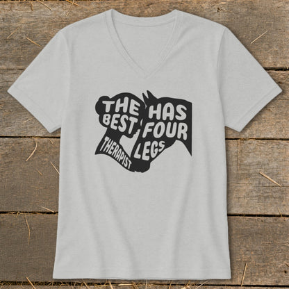 Light grey v-neck t-shirt with black graphic reading "The best therapist has four legs".