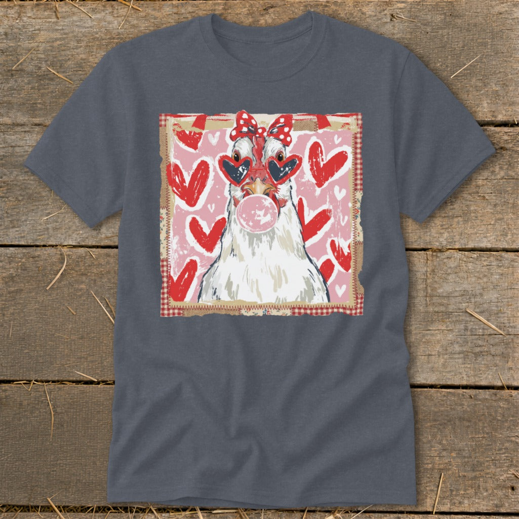 White chicken wearing heart sunglasses and a red bow, blowing pink bubblegum.