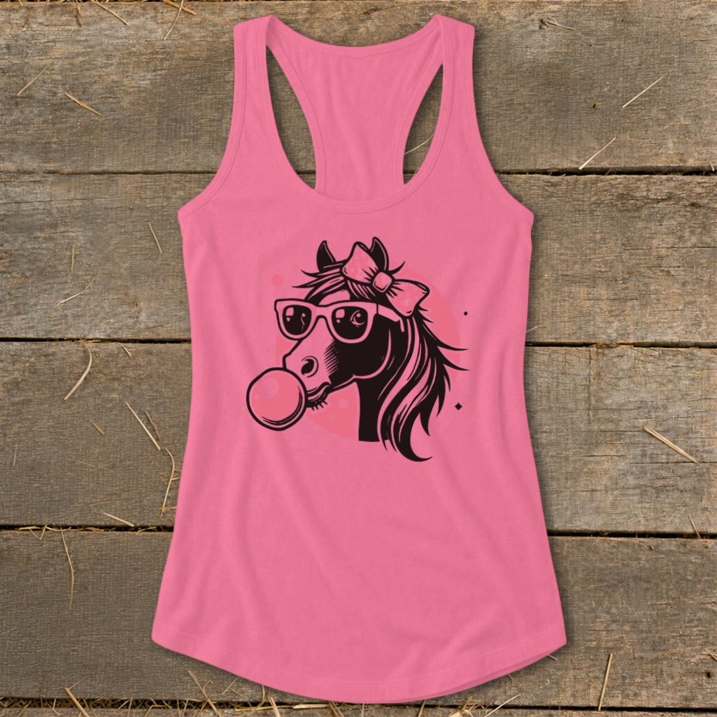 Pink tank top with a graphic of a horse wearing sunglasses and blowing bubblegum.