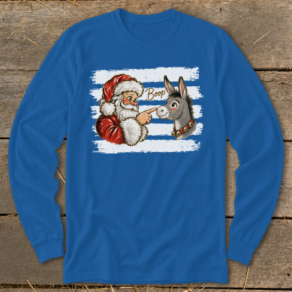 Santa points at a donkey's nose with the word "Boop" on blue and white stripes.