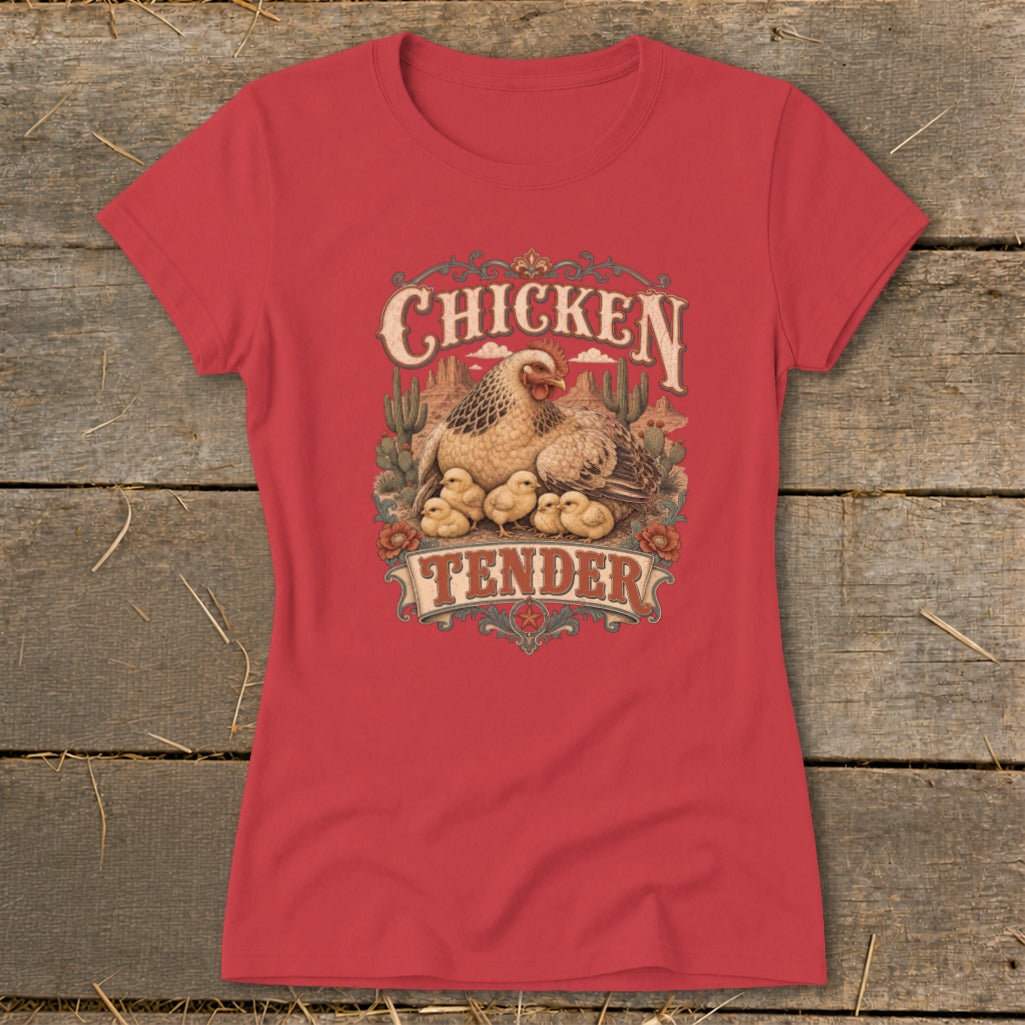 Red t-shirt with "Chicken Tender" graphic of a hen and chicks in a desert scene.