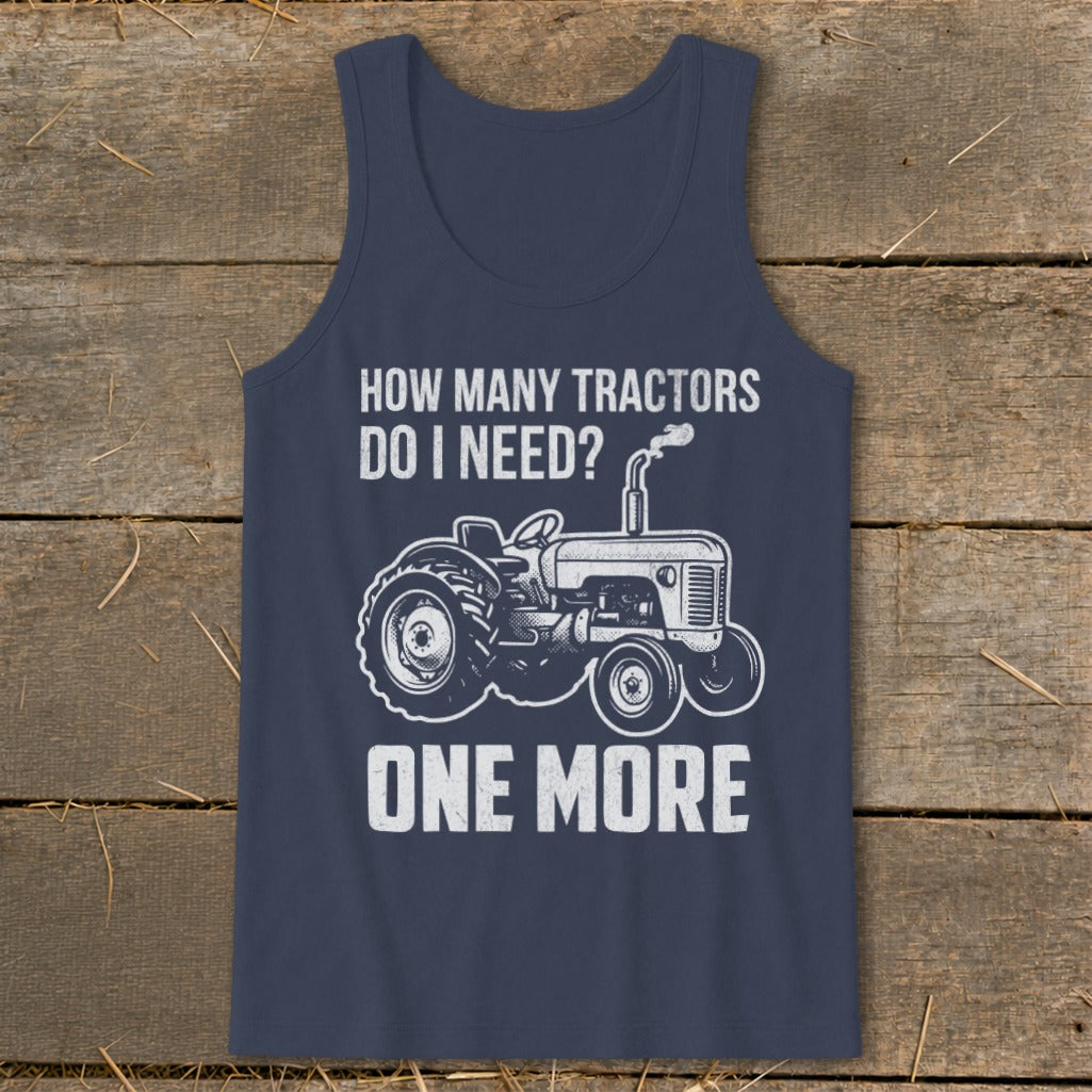 Navy tank top with a tractor graphic and text "How Many Tractors Do I Need? One More".