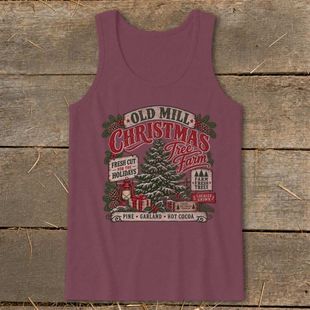 Christmas Tree Farm graphic with "Old Mill" text, featuring a tree, gifts, and lantern.