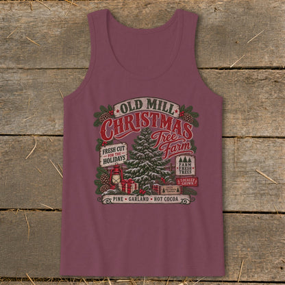Christmas Tree Farm graphic with "Old Mill" text, featuring a tree, gifts, and lantern.