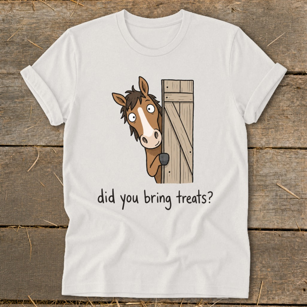 Cartoon horse peeking from behind barn door asks "did you bring treats?"