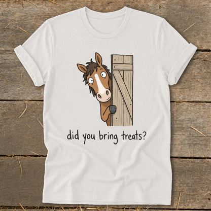 Cartoon horse peeking from behind barn door asks "did you bring treats?"