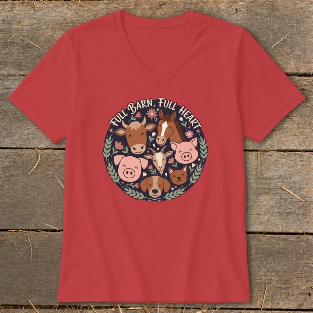 Red t-shirt with circular farm animal graphic and "Full Barn, Full Heart" text.