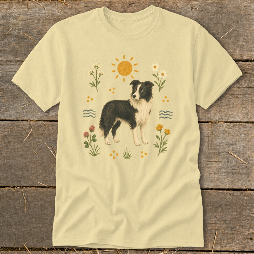 T-shirt with illustration of a Border Collie dog, sun, flowers, and water elements.