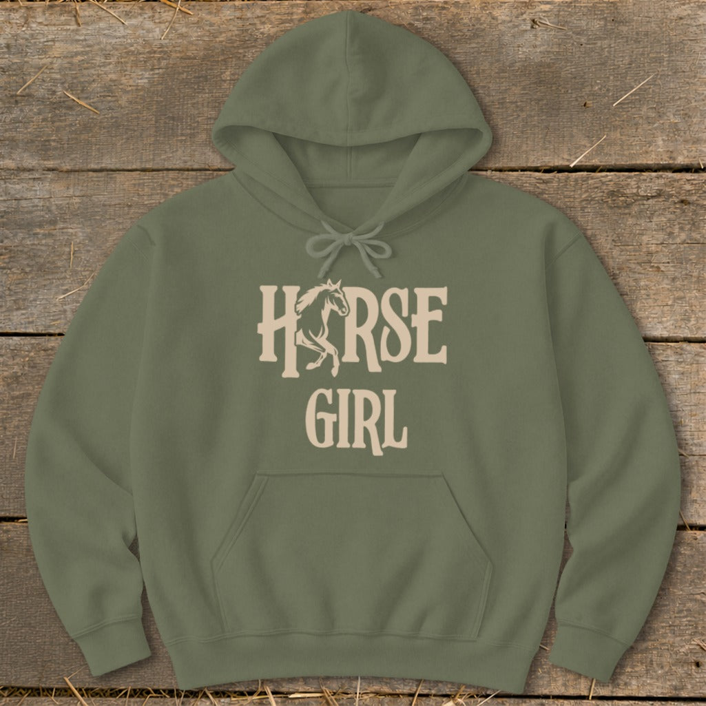 Olive green hoodie with "HORSE GIRL" text and a horse silhouette graphic.