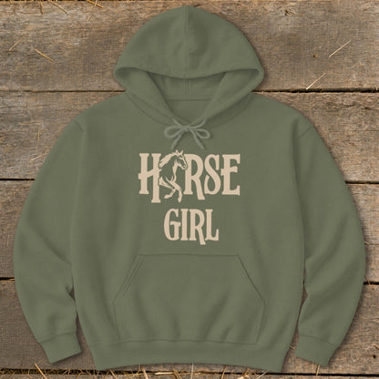 Olive green hoodie with "HORSE GIRL" text and a horse silhouette graphic.