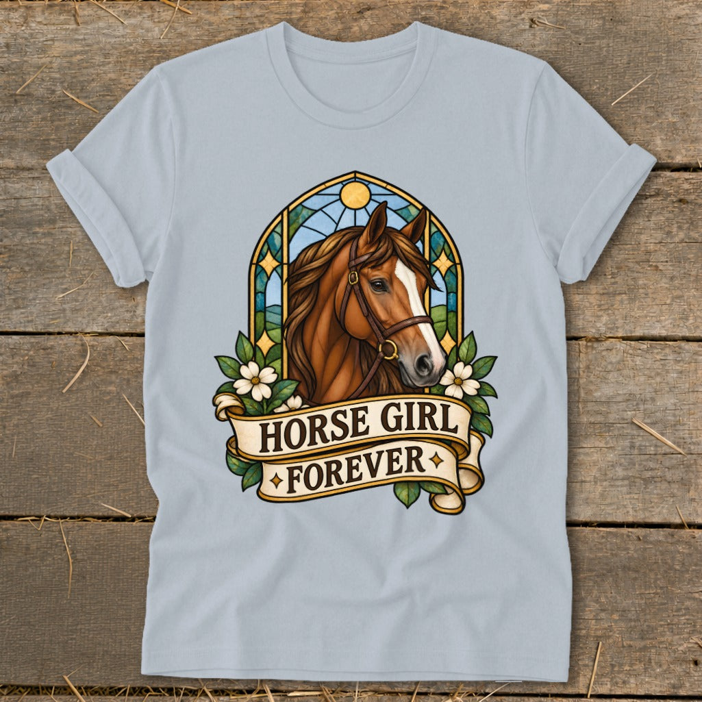 Light blue t-shirt with a brown horse head graphic and "HORSE GIRL FOREVER" text.