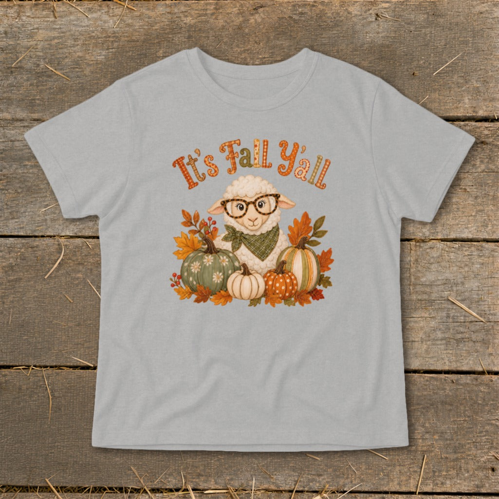 Light gray t-shirt with a sheep wearing glasses, surrounded by pumpkins and autumn leaves, with text "It's Fall Y'all".