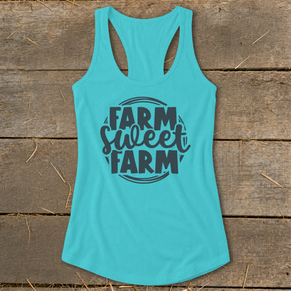 Turquoise tank top with "Farm Sweet Farm" text in a circle.