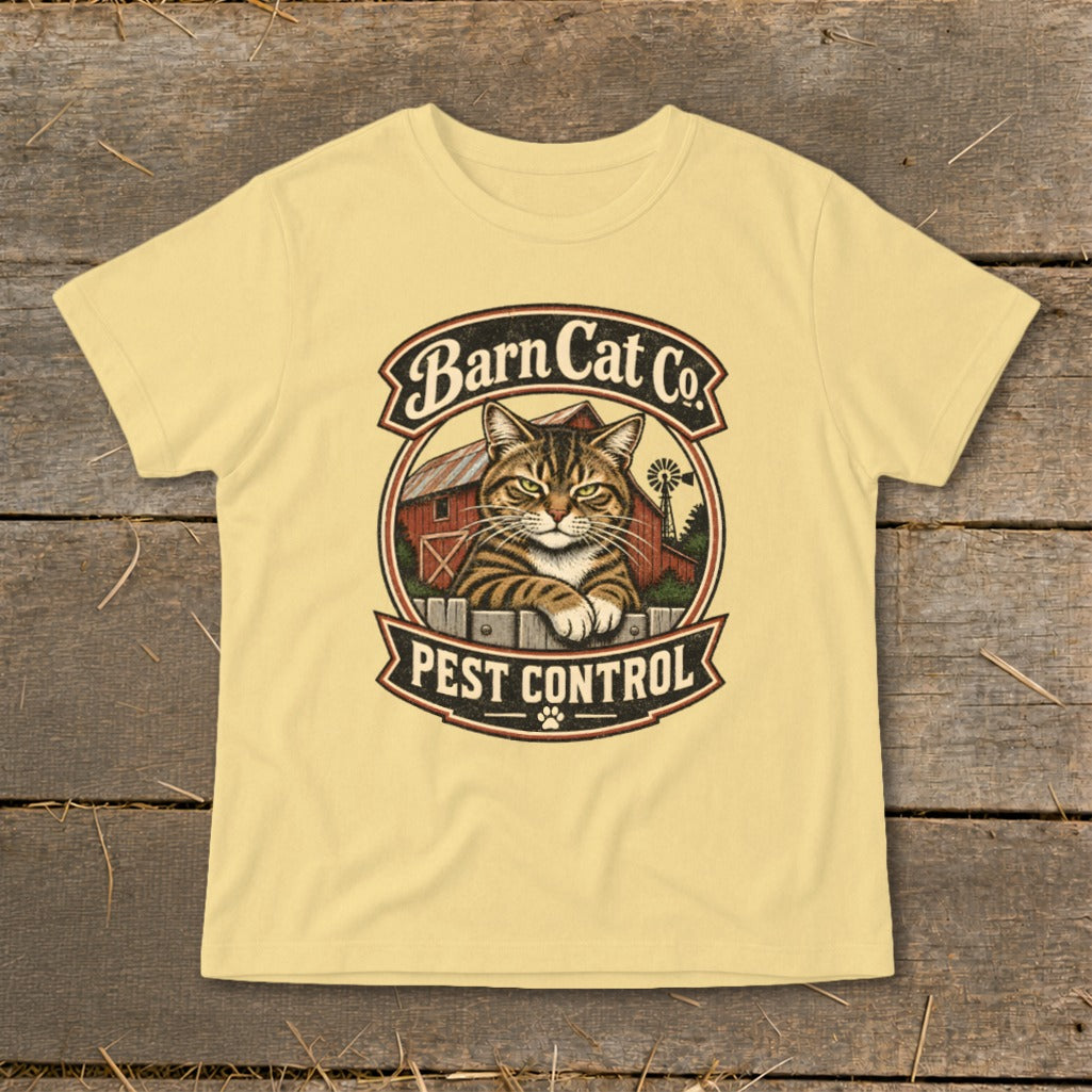 Yellow t-shirt featuring a vintage logo of a cat resting on a fence with the text Barn Cat Co Pest Control.