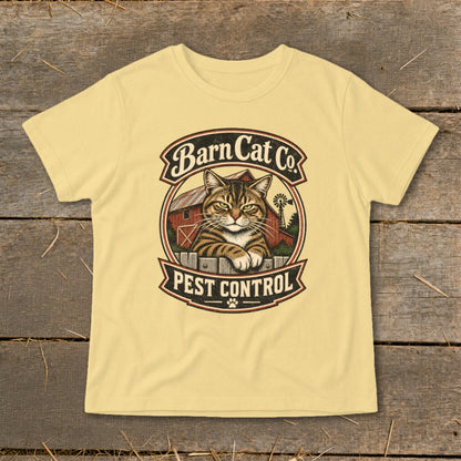 Yellow t-shirt featuring a vintage logo of a cat resting on a fence with the text Barn Cat Co Pest Control.