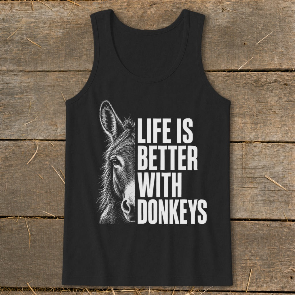 Black tank top with donkey graphic and "Life is Better With Donkeys" text.