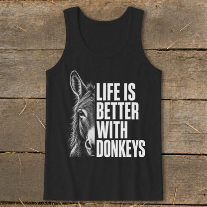 Black tank top with donkey graphic and "Life is Better With Donkeys" text.