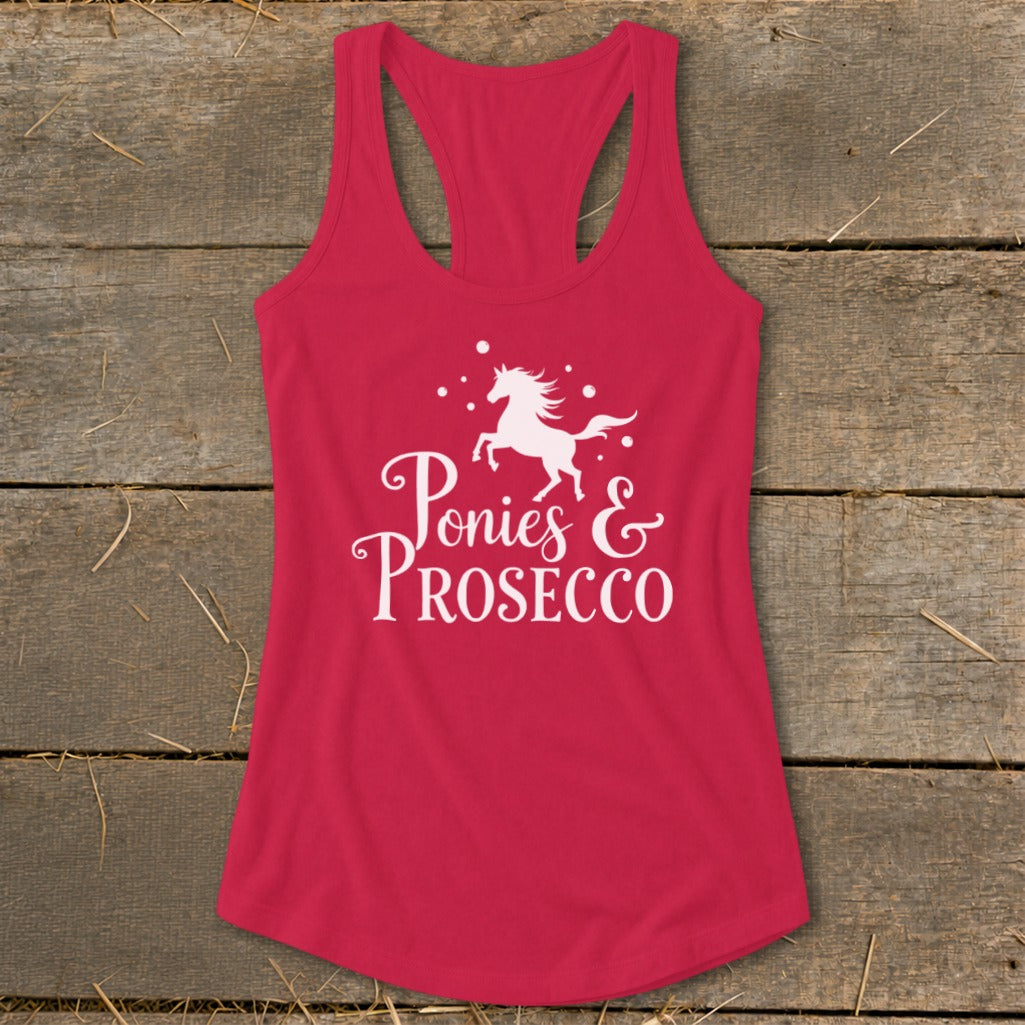Pink racerback tank top with white "Ponies & Prosecco" text and horse graphic.