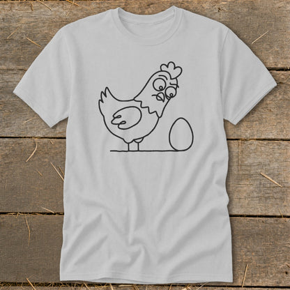 Light grey t-shirt with a black line drawing of a surprised chicken next to an egg.