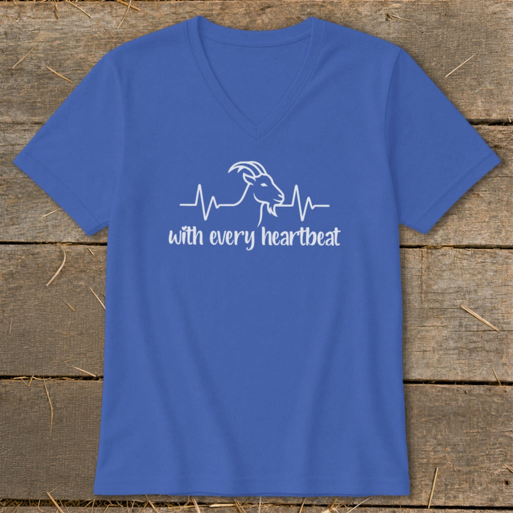 Blue v-neck t-shirt with white goat heartbeat graphic and text "with every heartbeat".