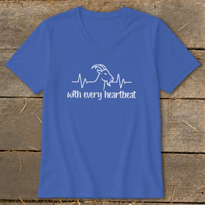 Blue v-neck t-shirt with white goat heartbeat graphic and text "with every heartbeat".