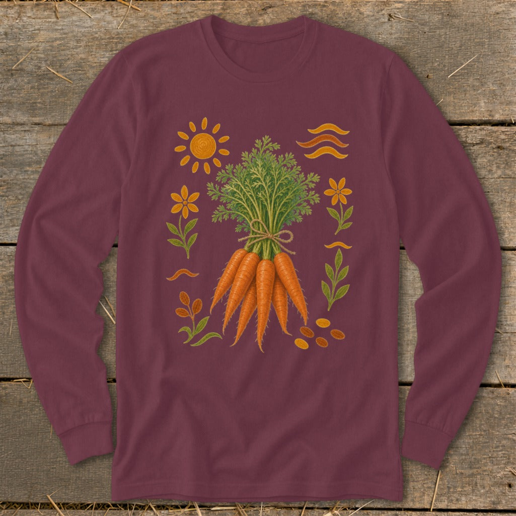 Long sleeve shirt with a watercolor-style illustration of carrots and garden motifs.