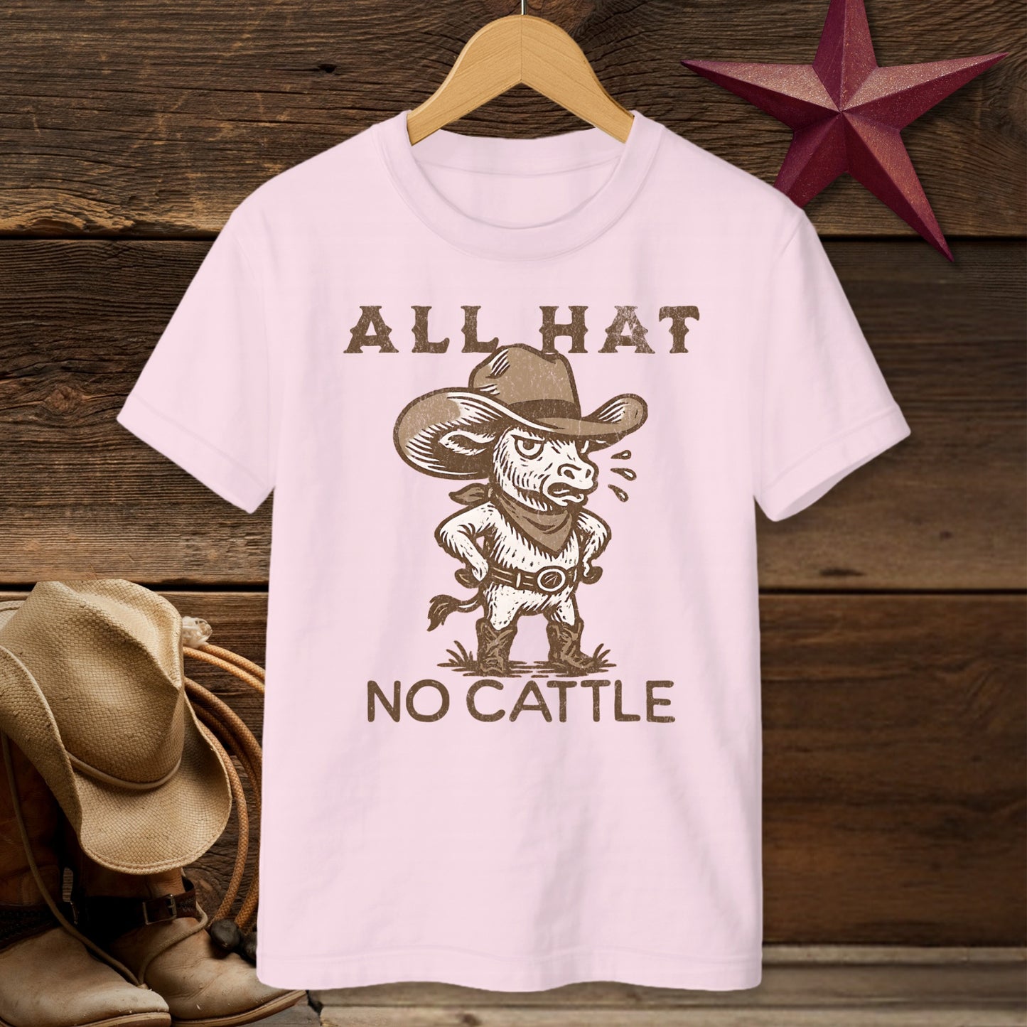 All Hat No Cattle Funny Western Cartoon T-Shirt