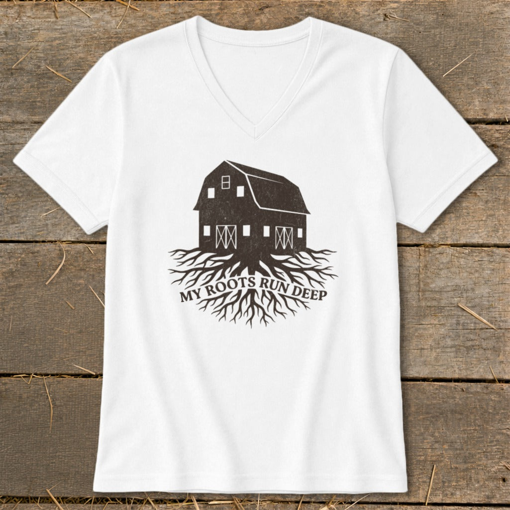 White V-neck t-shirt with barn and roots graphic with "MY ROOTS RUN DEEP" text.