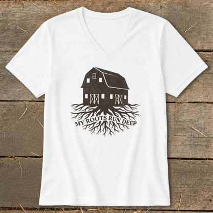 White V-neck t-shirt with barn and roots graphic with "MY ROOTS RUN DEEP" text.