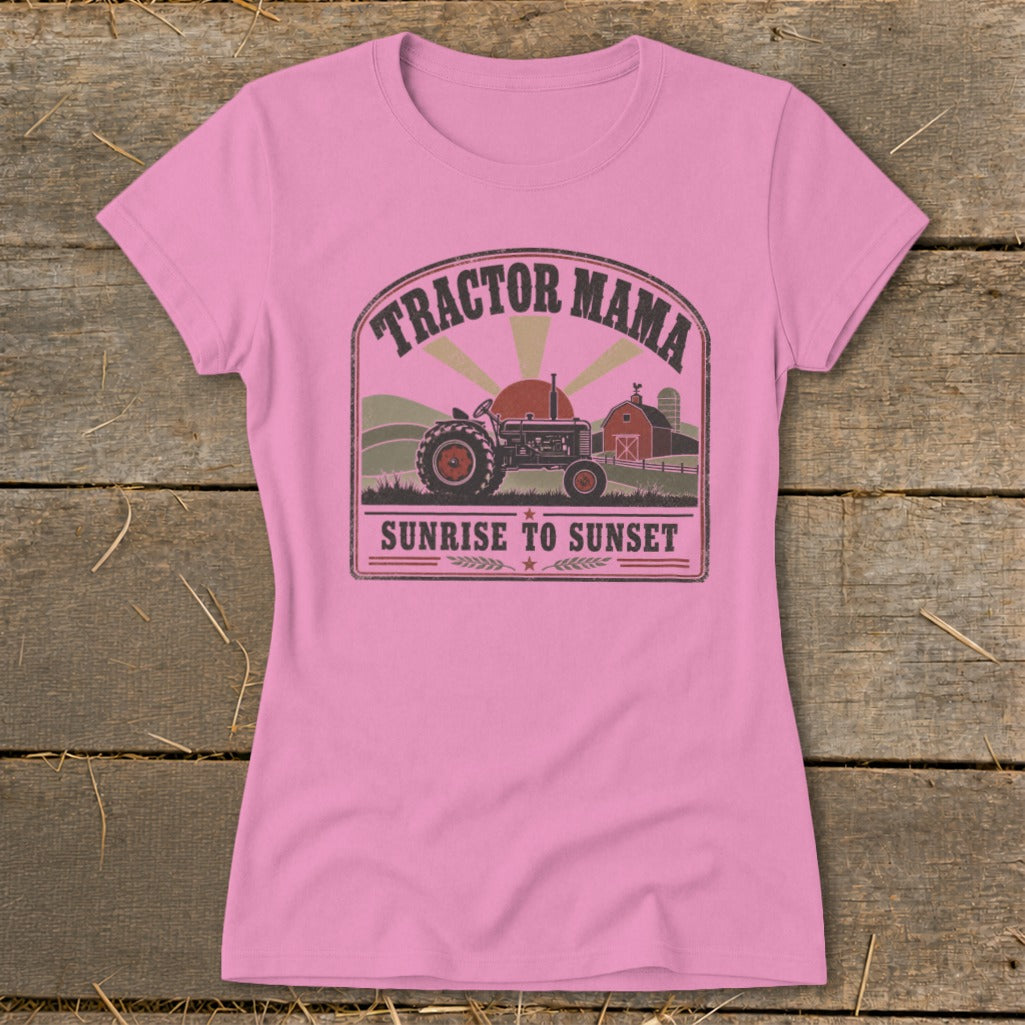 Pink t-shirt with "Tractor Mama Sunrise to Sunset" graphic featuring a tractor and barn.