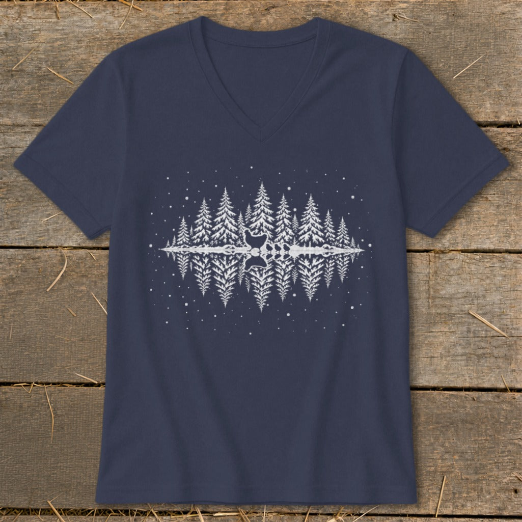 Navy v-neck t-shirt with white forest and deer reflection graphic.