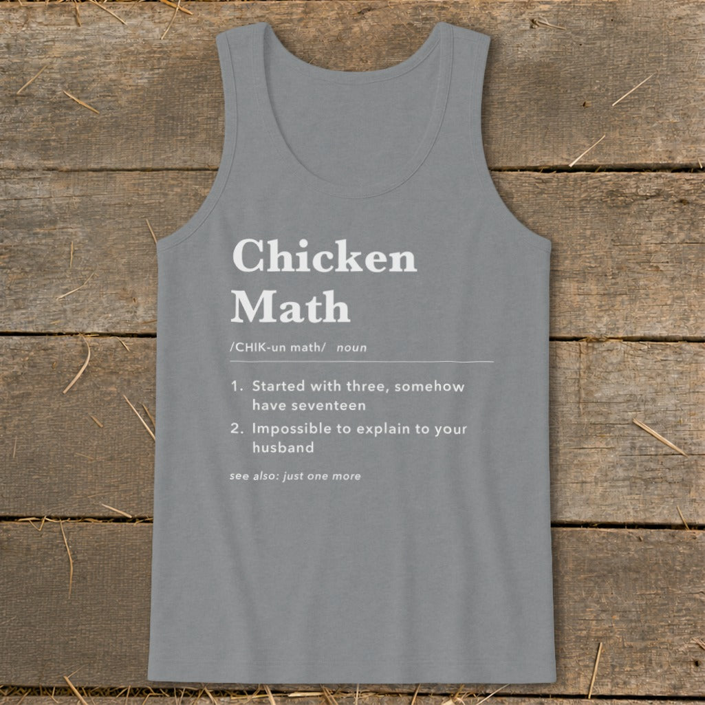 Gray tank top with "Chicken Math" definition: Started with three, somehow have seventeen.