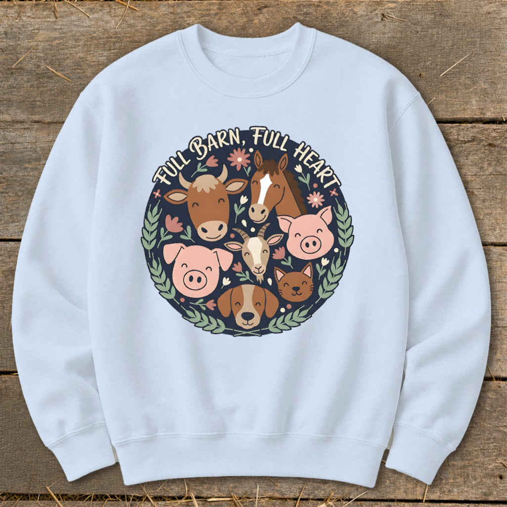 Light blue sweatshirt with cartoon farm animals and text "FULL BARN, FULL HEART".