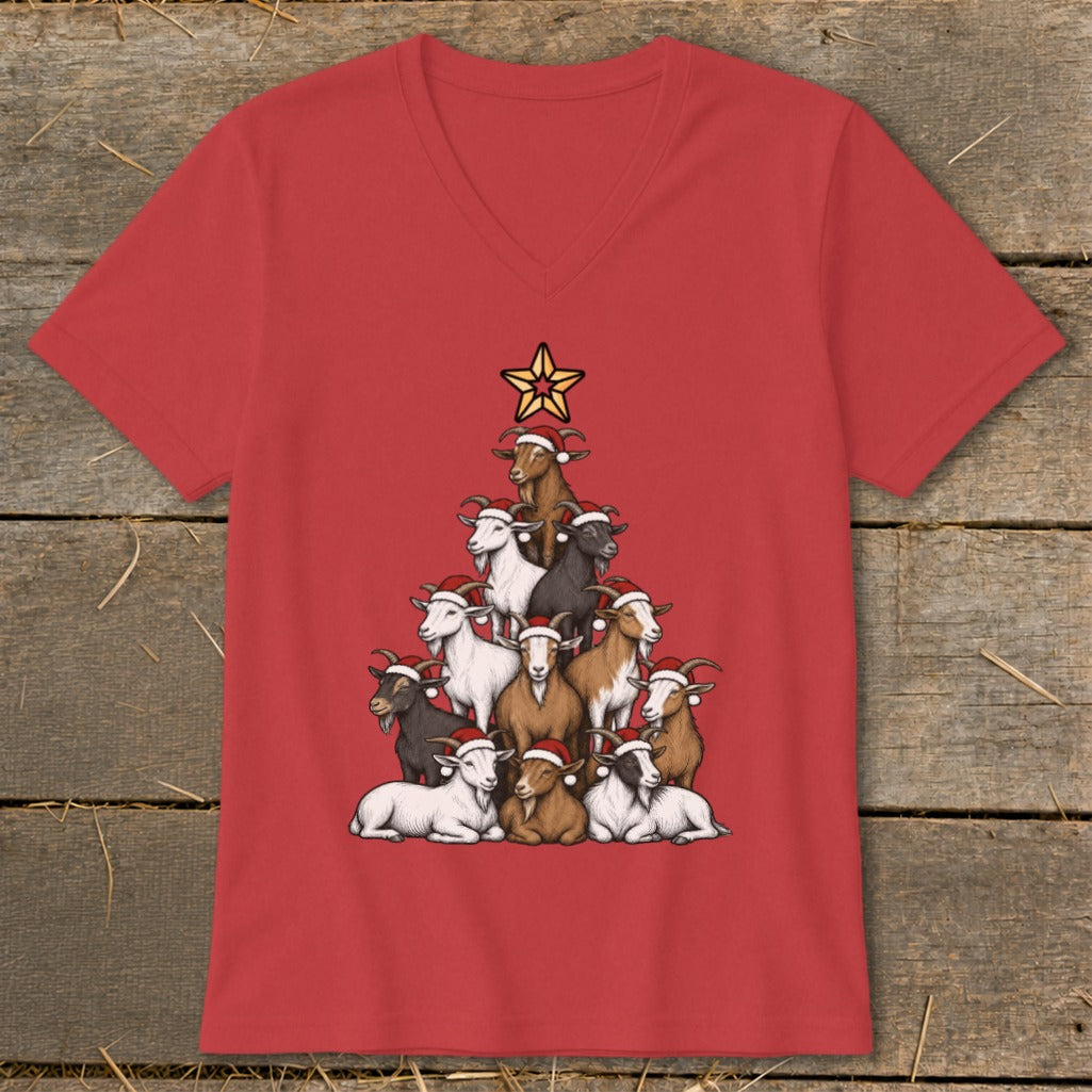 Red t-shirt with a Christmas tree made of goats wearing Santa hats.