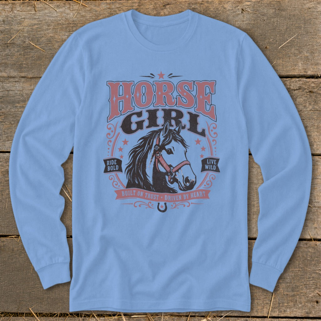 Light blue long sleeve shirt with "Horse Girl" graphic and horse head.