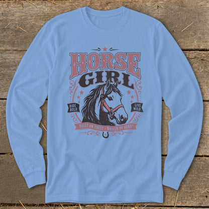 Light blue long sleeve shirt with "Horse Girl" graphic and horse head.