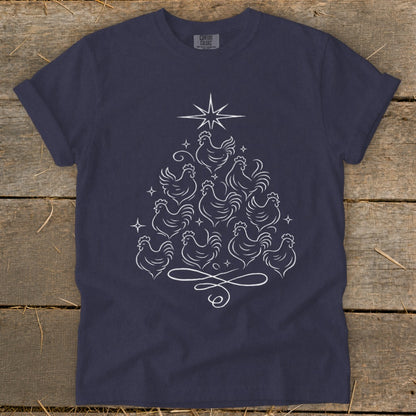 Navy t-shirt with a white line drawing of chickens arranged in a Christmas tree shape.